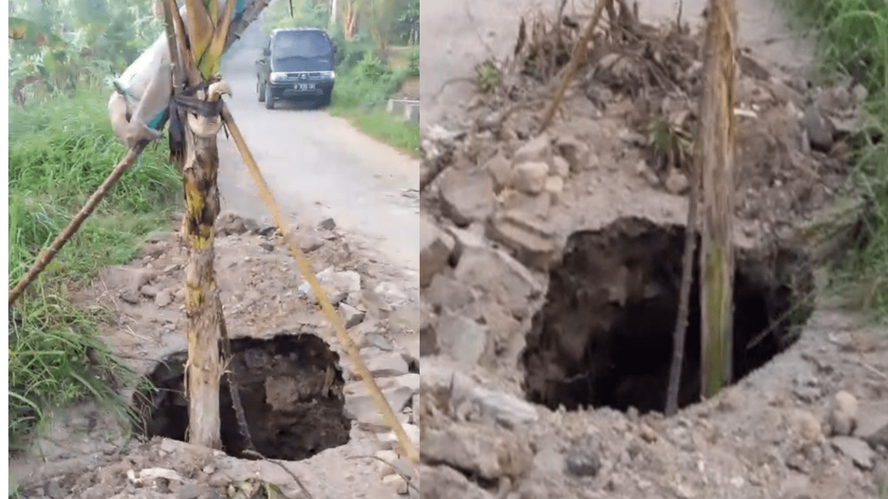 Jalan Kabupaten Serang di Desa Cireundeu Kecamatan Petir Ambrol