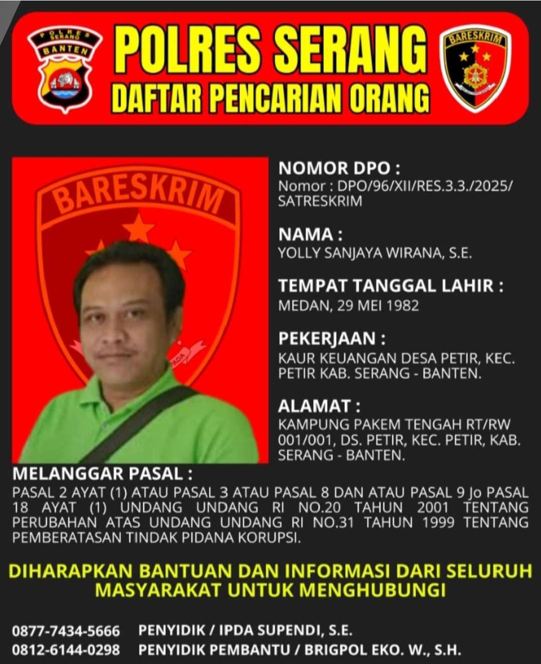 Polres Serang Tangkap DPO Korupsi Dana Desa, Negara Rugi Rp1 Miliar Lebih