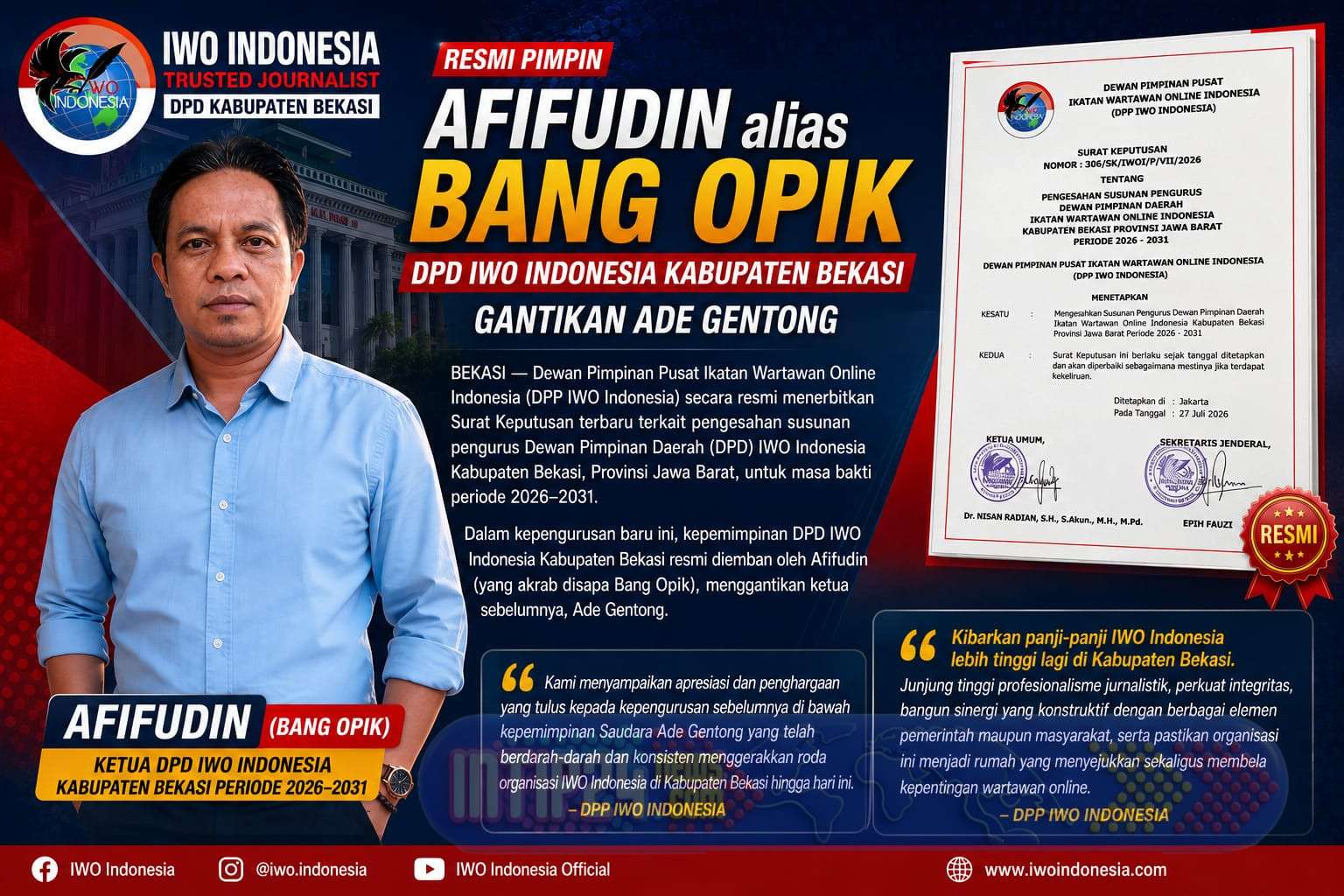 Afifudin (Bang Opik) Resmi Pimpin DPD IWO Indonesia Kabupaten Bekasi Gantikan Ade Gentong
